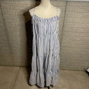 Aerie‎ Womens Blue White Striped Sleeveless Ruched Tiered Maxi Dress Size XL